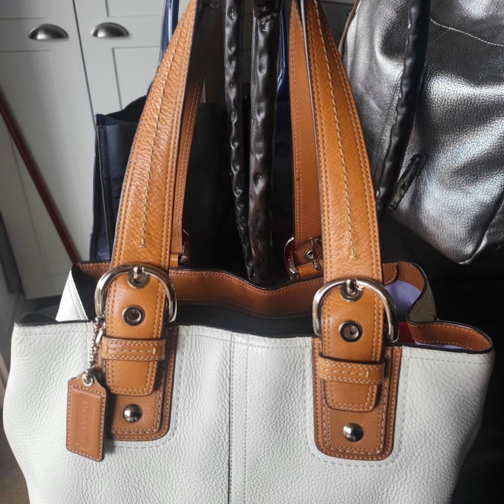 Coach Soho White and Tan Leather Tote Bag